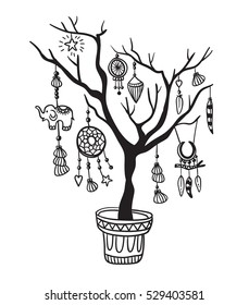 Tree with boho decoration. Isolated on the white background. Vector illustration in tribal style.