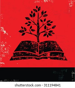 Tree book design on red background, grunge vector