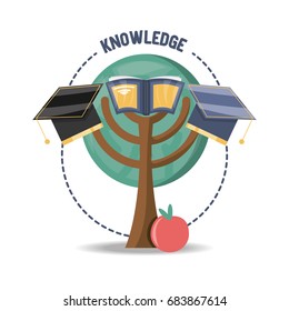 tree with book and graduation hat and apple fruit