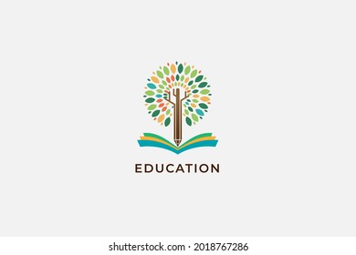 Baum und Buch mit Bleistift-Symbol-Logo-Design - Design-Vorlage für abstraktes Vektorlogo - Online-Bildungs- und Lernkonzept - Symbol für Kurse, Klassen und Schulen