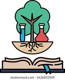 A tree with a book and two beakers on top of it. The tree is surrounded by roots and the book is open. Concept of growth and learning, as the tree represents the roots of knowledge