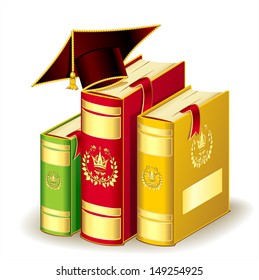 Tree books gold red green colors with Graduation cap concept education