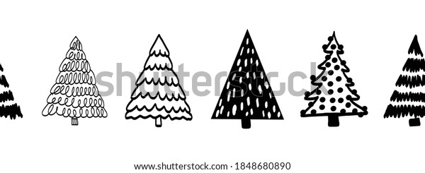 Tree border black on white seamless vector border.\
Monochrome Christmas trees repeating pattern hand drawn sketch\
style. Modern Holiday design for footer, cards, banner, ribbons,\
fabric trim