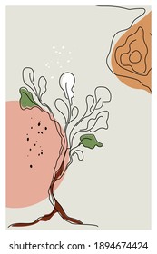 Baum in einem botanischen Wandkunstvektor. Linienzeichnung von Baumblättern mit abstrakter Form. Modernes Pflanzendesign für Druck, Decken, Wallpaper, minimalistische Wandkunst. Vektorgrafik.