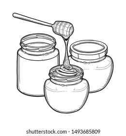 Tree bottles of different sorts of honey. Isolated vector design