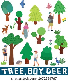 Baum und Junge, Vogel, Tiervektorgrafik