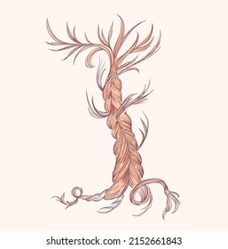 Tree From A Braid Of Hair. A Loose Braid Cut Off Hair. Graphic, Vector Illustration.