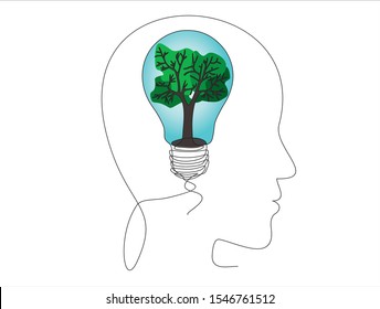 Tree brain concept. Continuous one line drawing of human head with green energy symbol.