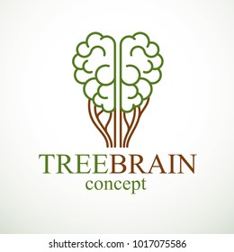 Tree Brain concept, the wisdom of nature, intelligent evolution. Human anatomical brain in a shape of green tree. Brain feeding with diet products. Vector logo or icon design.
