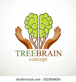 Tree Brain concept, the wisdom of nature, intelligent evolution. Human anatomical brain in a shape of green tree with carrying hands. Brain feeding with diet products. Vector logo or icon design.