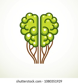 Tree Brain concept, the wisdom of nature, intelligent evolution. Human anatomical brain in a shape of green tree. Brain feeding with diet products. Vector logo or icon design.