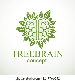 Tree Brain concept, the wisdom of nature, intelligent evolution. Human anatomical brain in a shape of tree with green leaves. Brain feeding with diet products. Vector logo or icon design.