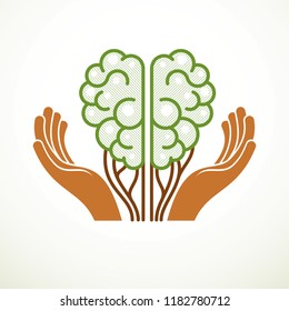 Tree Brain concept, the wisdom of nature, intelligent evolution. Human anatomical brain in a shape of green tree with tender careful hands. Vector logo or icon design.