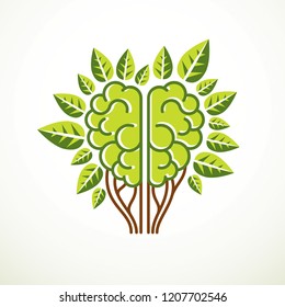 Tree Brain concept, the wisdom of nature, intelligent evolution. Human anatomical brain in a shape of tree with green leaves. Brain feeding with diet products. Vector logo or icon design.