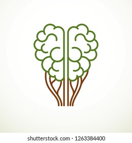 Tree Brain concept, the wisdom of nature, intelligent evolution. Human anatomical brain in a shape of green tree. Brain feeding with diet products. Vector logo or icon design.