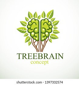 Tree Brain concept, the wisdom of nature, intelligent evolution. Human anatomical brain in a shape of tree with green leaves. Brain feeding with diet products. Vector logo or icon design.