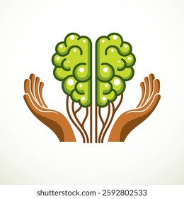 Tree Brain concept, the wisdom of nature, intelligent evolution. Human anatomical brain in a shape of green tree with tender careful hands. Vector logo or icon design.