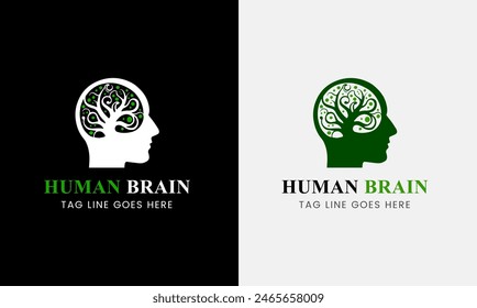 Tree brain logo concept. The human mind, mind growth, human brain with power bulb, brain with leaf, logo concept idea symbol, brain recharge, improve