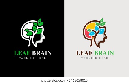 Concepto de logotipo de cerebro de árbol. La mente humana, el crecimiento de la mente, el cerebro humano con la bombilla de energía, el cerebro con la hoja, el símbolo de la idea del logotipo, la recarga del cerebro, mejorar