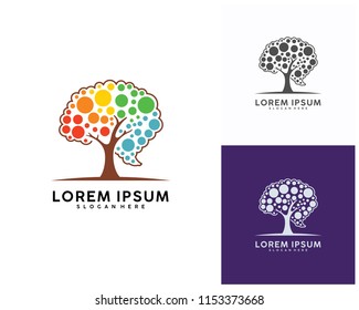 Tree with Brain logo design template, Brain Colorful logo design Vector