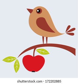 Tree branch with apple and cute bird