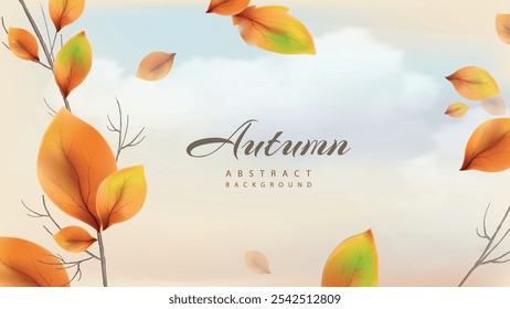 Rama de árbol con hojas rojas y naranjas amarillas otoñales contra el cielo nuboso realista en el momento de la caída de las hojas. Fondo de otoño de Vector. Plantilla para tarjeta, Anuncio, Fondo de pantalla con lugar para texto.