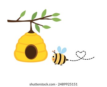 Tree branch with bee house and bee cartoon isolated on white background vector.