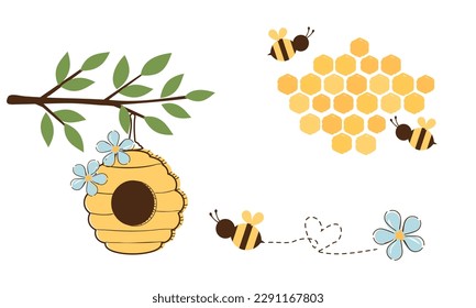 Tree branch, bee house, bee cartoons and cute flower sign icons isolated on white background vector illustration.