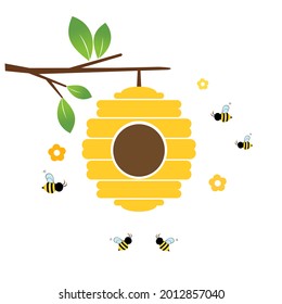 Tree branch with beehive, bee cartoons and little flower icons isolated on white background vector illustration.