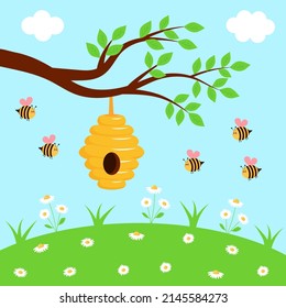 Tree branch with beehive and cute bees on the meadow full of chamomiles. Summer landscape. Vector illustration.