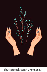 Rama de árbol con brotes en las manos. La mano dibujó brotes primaverales en las palmas. Ilustración conceptual vectorial para la floración, bondad y amor.