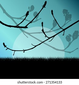 Tree branch with buds spring vector background landscape with grass field