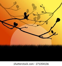 Tree branch with buds spring vector background landscape with grass field