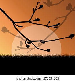 Tree branch with buds spring vector background landscape with grass field