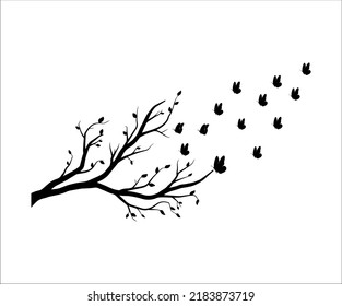 Tree Branch with Butterfly in Silhouette on White Background