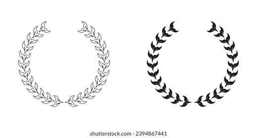Tree Branch, Chaplet Symbol Collection. Laurel Wreath, Foliate Award Line and Silhouette Black Icon Set. Winner Emblem, Victory Certificate, Olive Leaf Pictogram. Isolated Vector Illustration.