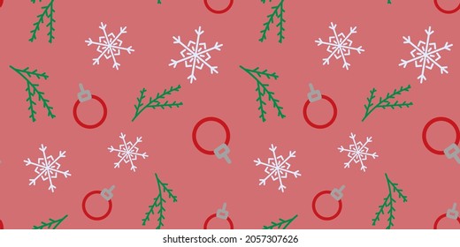 Tree branch with christmas toy and snowflakes seamless pattern. Christmas vector illustration. For wrapping paper, design, postcard, fabric, baby clothes, baby room. Christmas and New Year background.