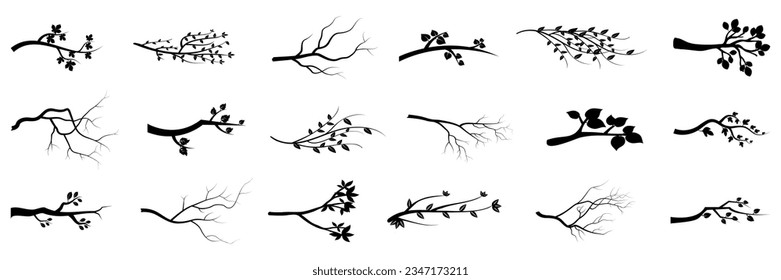 Tree branch collection. Set of cartoon tree branch. Black branch silhouette element
