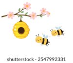 Tree branch with cute flower, green leaves, bee house and bee cartoons icon signs isolated on white background vector. 