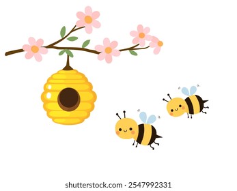 Tree branch with cute flower, green leaves, bee house and bee cartoons icon signs isolated on white background vector. 