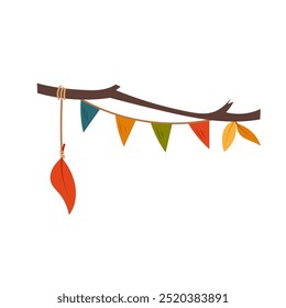 A tree branch decorated with a garland. Autumn decorative element. Flat illustration on white background. 