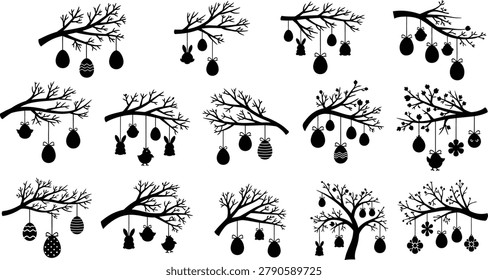 Tree branch easter egg bunny silhouette collection for spring holiday design