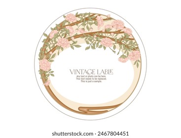 Tree branch with flowers Border, frame, template for menu page, product label, cosmetic packaging. Vector illustration. In art nouveau style, vintage, old, retro style.