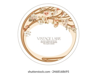 Baumzweig mit Blumen Rand, Rahmen, Vorlage für Menüseite, Produktetikett, Kosmetikverpackung. Vektorillustration. Im Jugendstil, Vintage, alt, Retro-Stil.