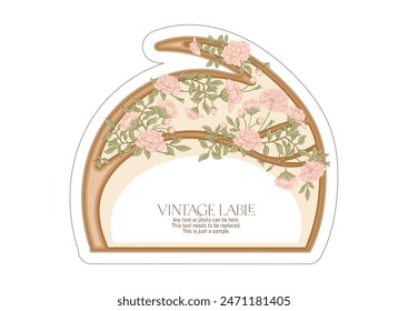 Baumzweig mit Blumen Rand, Rahmen, Vorlage für Menüseite, Produktetikett, Kosmetikverpackung. Vektorillustration. Im Jugendstil, Vintage, alt, Retro-Stil.