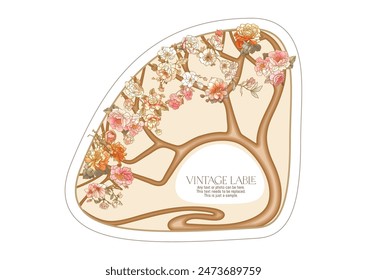 Tree branch with flowers Border, frame, template for menu page, product label, cosmetic packaging. Vector illustration. In art nouveau style, vintage, old, retro style.