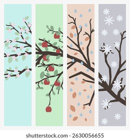 Tree branch four times a year at different times of the year. Set of images of the four seasons. EPS 10.