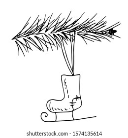 Tree branch with a gift. Christmas boot. Line drawing. Vector illustration.