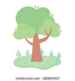tree branch grass nature vegetation cartoon isolated white background design vector illustration
