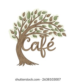 Tree branch with green and brown leaves forms "Café" text, hand-drawn vintage design for coffee shop logos, natural drink branding, and organic café themes.